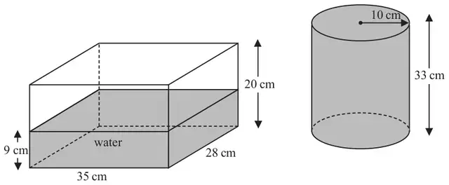 Cuboid 35 cm by 28 cm by 20 cm with water to a depth of 9 cm, and a cylinder with radius 10 cm and height 33 cm full of water