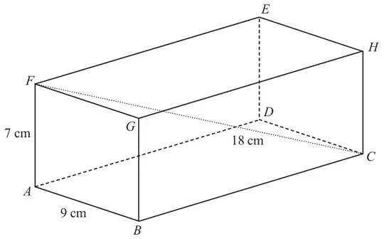 Cuboid ABCDEFGH with AB = 9 cm, AF = 7 cm and the diagonal FC = 18 cm drawn
