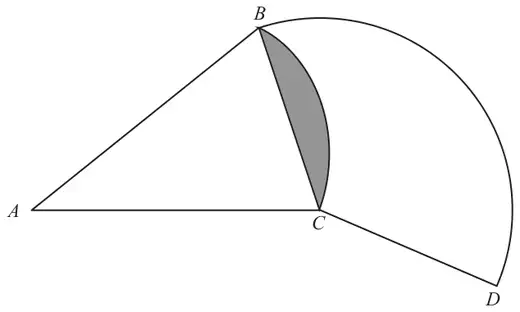 Sector BAC with centre A and sector BCD with centre C; the segment between chord BC and arc BC is shaded