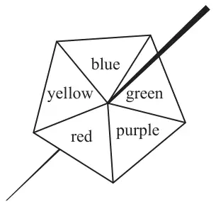 Pentagonal spinner with sections blue, green, purple, red and yellow
