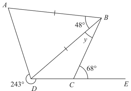 Triangle ABD with AB = DB; C on line DE with BC drawn. Angle ABD = 48°, angle BCE = 68°, reflex angle ADC = 243°, angle DBC marked y