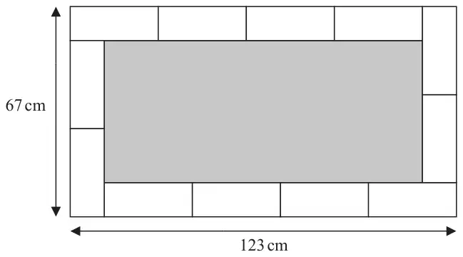 Twelve identical rectangular tiles arranged around the edge of a shaded rectangle; the outer rectangle is 123 cm by 67 cm
