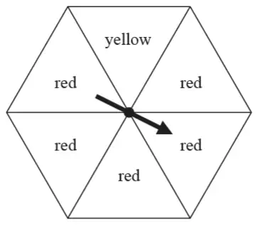A regular hexagonal spinner with six equal sections: five red and one yellow