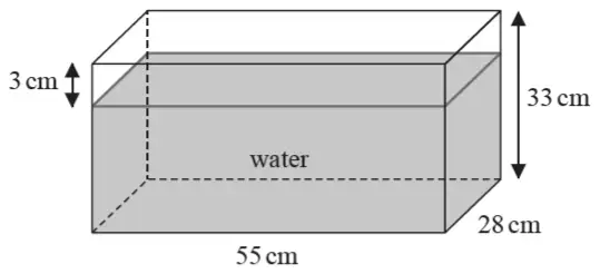 Cuboid fish tank 55 cm long, 28 cm wide and 33 cm high, filled with water to 3 cm below the top
