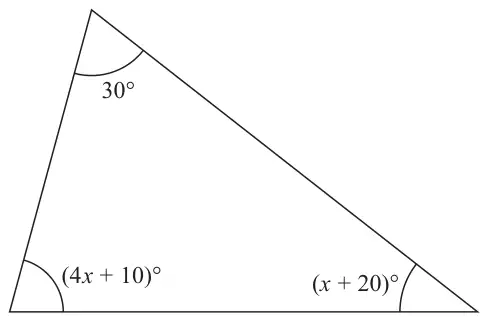 Triangle with angles 30°, (4x + 10)° and (x + 20)°