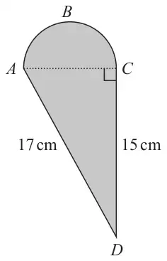 Shaded shape: semicircle ABC on top of right-angled triangle ACD, right angle at C. AD = 17 cm, CD = 15 cm, AC shown dotted