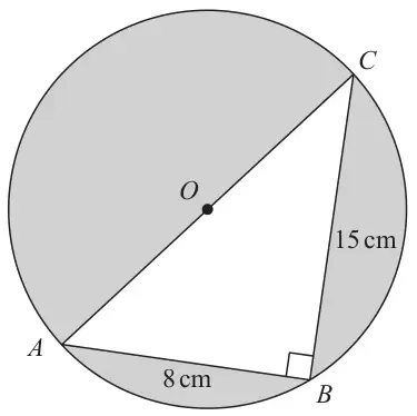 Circle with centre O and diameter AC; triangle ABC inside with AB = 8 cm, BC = 15 cm and a right angle at B; the parts of the circle outside the triangle are shaded