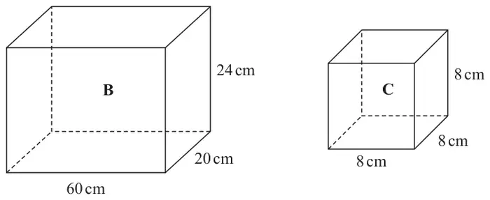 Cuboid B measuring 60 cm by 20 cm by 24 cm high, and cube C with edges of 8 cm