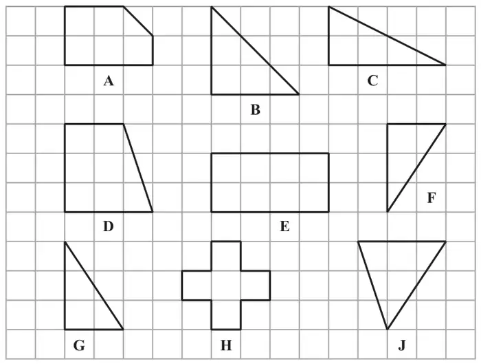 Nine shapes A to J on a square grid. D is a quadrilateral with one vertical side and one sloping side (two parallel horizontal sides). E is a 4 by 2 rectangle. G and F are right-angled triangles with legs 2 and 3. H is a plus-shaped cross