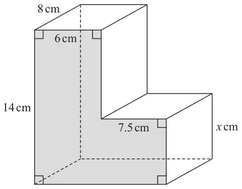 L-shaped prism of length 8 cm. The shaded L-shaped cross section is 14 cm tall with a top part 6 cm wide, and a lower step 7.5 cm wide and x cm tall