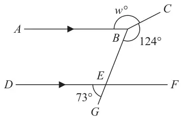 Parallel lines AB and DEF, with a straight line from B through E to G and a line BC from B; angle DEG is 73 degrees, angle EBC is 124 degrees and angle ABC is w degrees