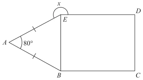 Rectangle BCDE with isosceles triangle ABE attached on side BE; AB = AE marked; angle BAE is 80 degrees; reflex angle x marked at E outside the shape