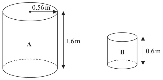 Cylinder A with radius 0.56 m and height 1.6 m; smaller cylinder B with height 0.6 m