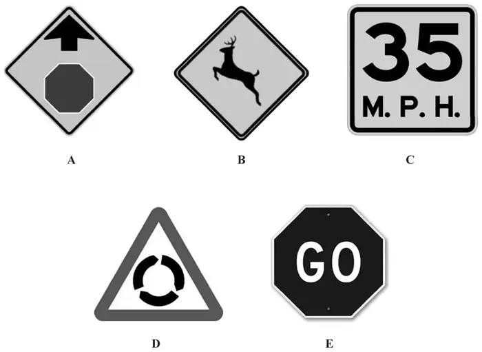 Five road signs: A a diamond with an arrow above an octagon, B a diamond with a leaping deer, C a rectangle reading 35 M.P.H., D a triangle with a roundabout symbol of three arrows, E an octagon reading GO