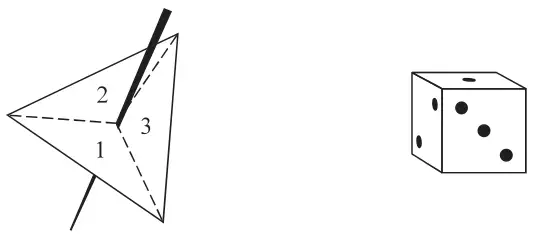 A triangular spinner with sections 1, 2 and 3, and a dice