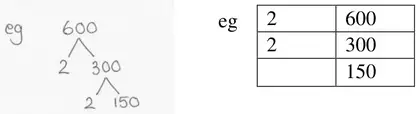 Examples: a factor tree splitting 600 into 2 and 300, then 300 into 2 and 150; and a division ladder dividing 600 by 2 to get 300, then by 2 to get 150