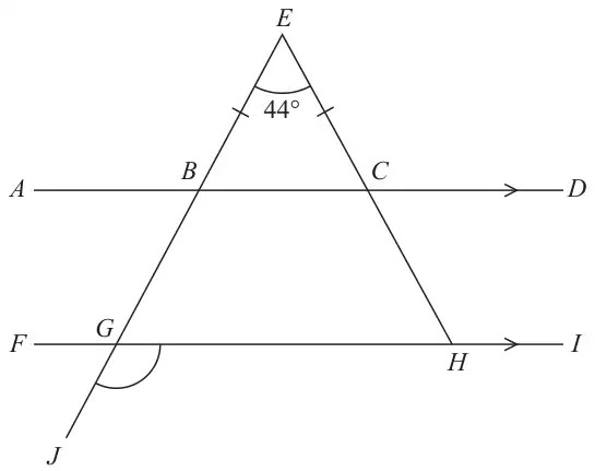 Lines ABCD and FGHI are parallel, with arrows. Line EBGJ passes through B and G and continues to J below. Line ECH passes through C to H. BE and CE are marked equal. Angle BEC is 44 degrees. Angle JGH is marked below line FGHI, between GJ and GH