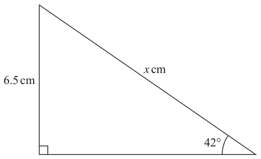 Right-angled triangle: vertical side 6.5 cm, hypotenuse x cm, and angle 42 degrees at the bottom right, opposite the 6.5 cm side