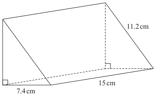 Triangular prism of length 15 cm. The cross-section is a right-angled triangle with base 7.4 cm and sloping side 11.2 cm; the vertical height is not given