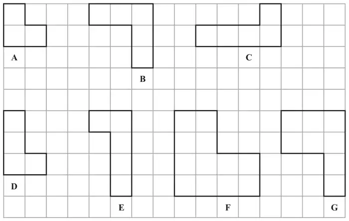 Seven shapes A to G drawn on a centimetre grid