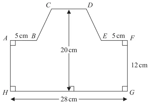 Shape ABCDEFGH: a rectangle with base HG = 28 cm and height FG = 12 cm, with AB = EF = 5 cm along its top edge and a trapezium BCDE on top; total height 20 cm