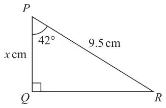 Right-angled triangle PQR with the right angle at Q; PR = 9.5 cm, PQ = x cm and angle QPR = 42 degrees