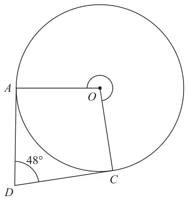 Circle with centre O; tangents from D touch the circle at A and C; angle ADC = 48 degrees; the reflex angle AOC is marked