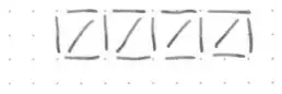 Four squares in a row, each with a diagonal stick