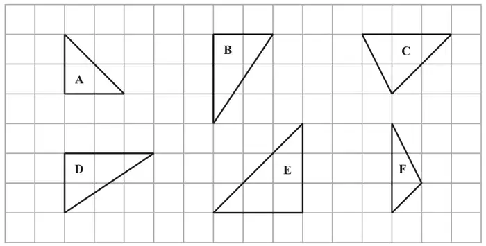 Six triangles A to F drawn on a square grid