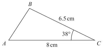 Sketch of triangle ABC with AC = 8 cm, BC = 6.5 cm and angle ACB = 38 degrees