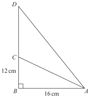 Right-angled triangle ABD with right angle at B; C is on BD with BC = 12 cm; AB = 16 cm; line AC drawn