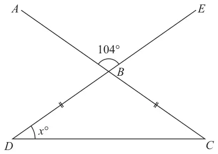 Straight lines ABC and EBD cross at B. Angle ABE is 104°. Triangle BCD has BD = BC, marked with dashes, and angle BDC is x°