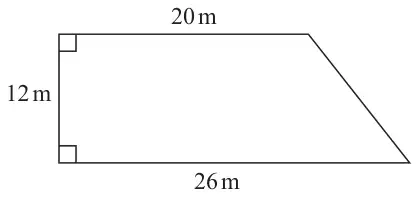 Right-angled trapezium with parallel sides 20 m (top) and 26 m (bottom) and perpendicular height 12 m