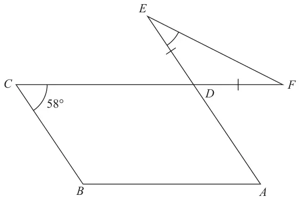 Parallelogram ABCD with angle BCD = 58°; CD is extended to F and AD is extended to E, forming triangle DEF with DE = DF marked equal; angle DEF is marked
