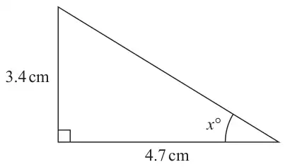 Right-angled triangle with vertical side 3.4 cm and horizontal side 4.7 cm meeting at the right angle; the angle x° is at the far end of the 4.7 cm side