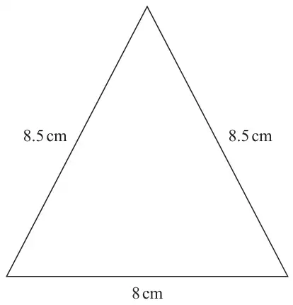 Isosceles triangle with two equal sides of 8.5 cm and a base of 8 cm
