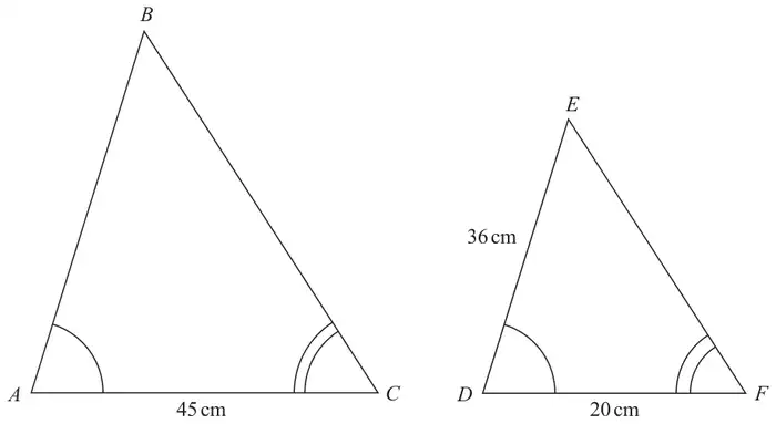 Triangle ABC with AC = 45 cm and triangle DEF with DE = 36 cm and DF = 20 cm; angle A equals angle D and angle C equals angle F