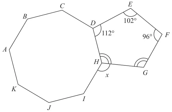 Regular octagon ABCDHIJK joined along side DH to pentagon DEFGH; in the pentagon angle D is 112 degrees, angle E is 102 degrees and angle F is 96 degrees; angles G and H of the pentagon are marked equal; x is the angle at H between HG and HI