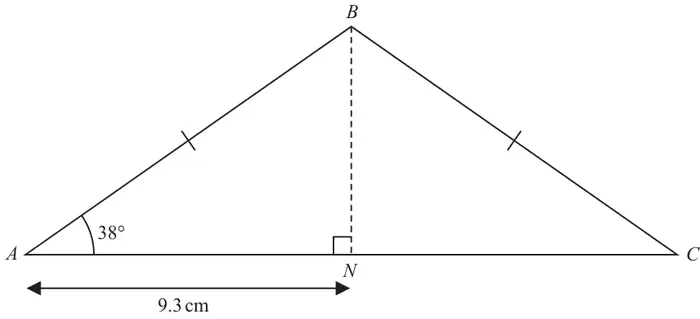 Isosceles triangle ABC with BA = BC; angle BAC is 38 degrees; N is on AC with BN perpendicular to AC (dashed) and AN = 9.3 cm