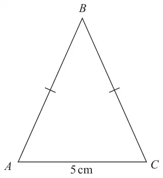 Isosceles triangle ABC with base AC = 5 cm; sides AB and BC are marked equal