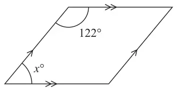 Rhombus with one obtuse angle of 122 degrees at the top left and an angle x degrees at the bottom left; arrows mark opposite sides parallel