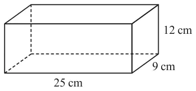 Cuboid 25 cm by 9 cm by 12 cm