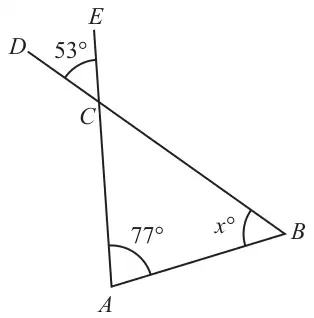 Triangle ABC with angle A = 77° and angle B = x°; BC is extended to D and AC is extended to E, and angle DCE = 53°