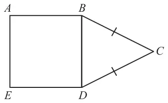 Square ABDE with isosceles triangle BCD joined to side BD; BC and DC are marked equal