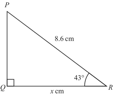 Right-angled triangle PQR with the right angle at Q; PR = 8.6 cm, angle PRQ = 43 degrees, QR = x cm