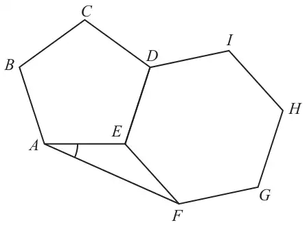 Regular pentagon ABCDE and regular hexagon DEFGHI sharing side DE; the line AF is drawn and angle EAF is marked
