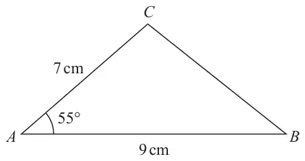 Sketch of triangle ABC with AB = 9 cm, AC = 7 cm and angle BAC = 55 degrees
