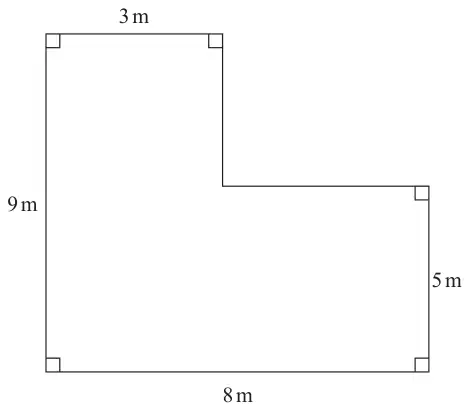 L-shaped floor plan with right angles: left side 9 m, top 3 m, right side 5 m and bottom 8 m