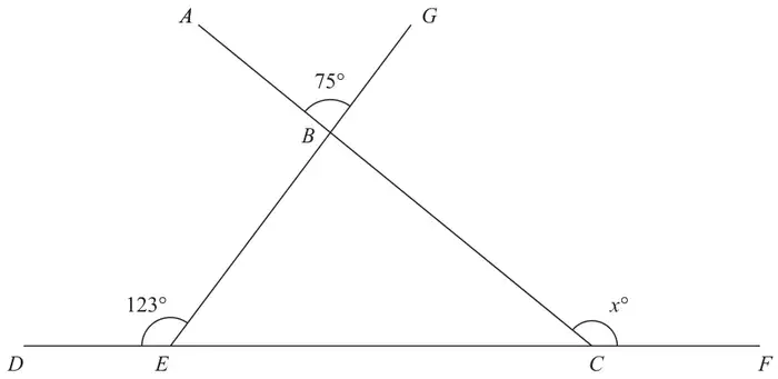 Straight line DECF; line EBG makes 123 degrees with ED at E; line ABC crosses EBG at B, where angle ABG is 75 degrees; angle x is between CB and CF at C