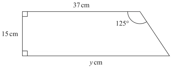 Right-angled trapezium: top side 37 cm, left side 15 cm perpendicular to both parallel sides, bottom side y cm, and the obtuse angle at the top right is 125 degrees